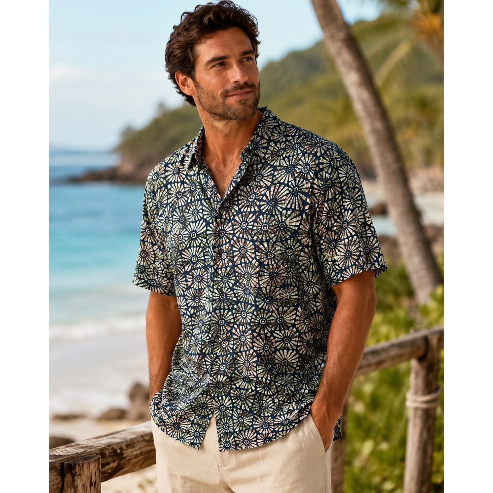 Pete Huntington Bali Mens M Batik Cotton Short Sleeve Button Down Shirt H0265